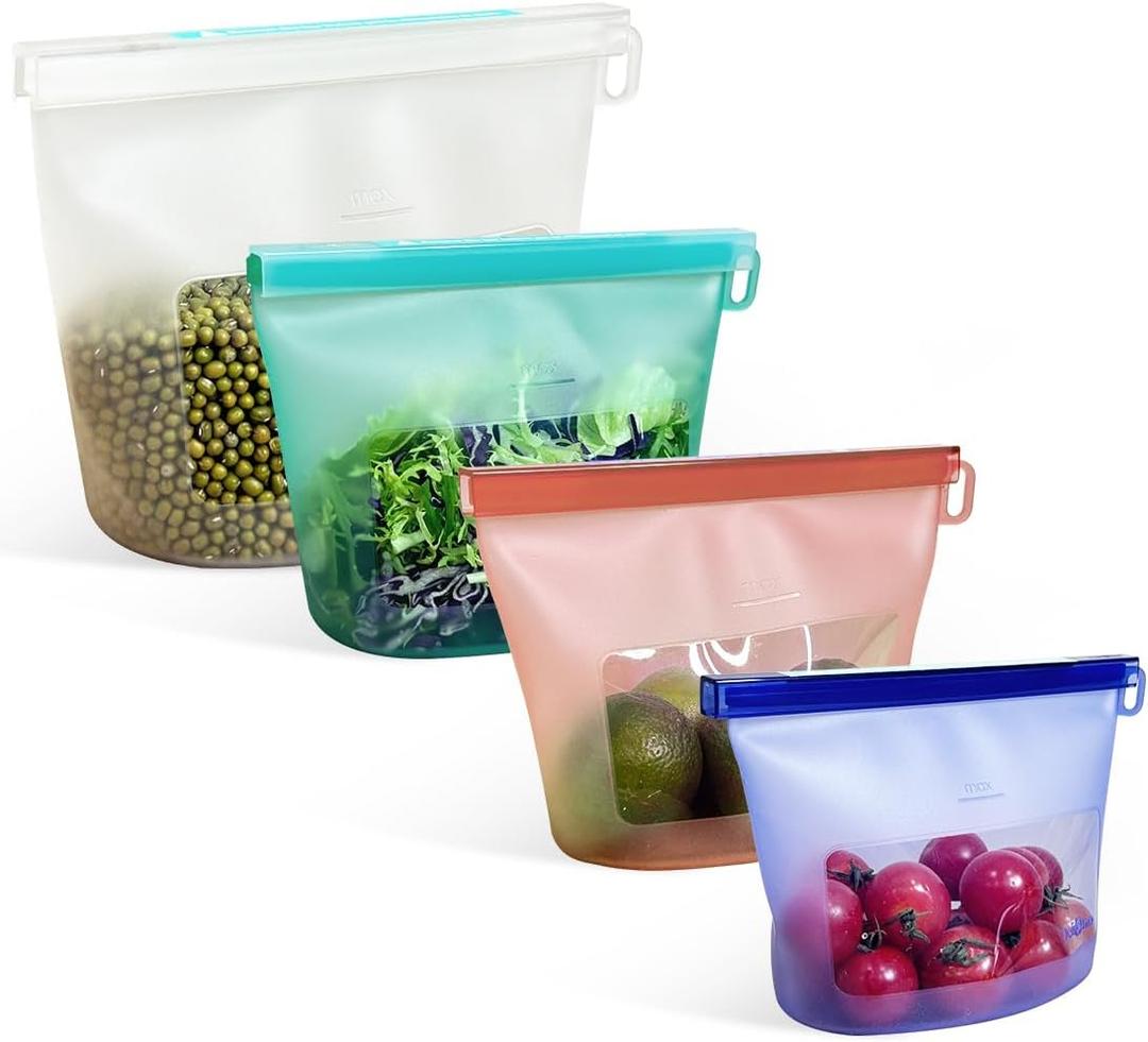 Reusable Silicone Food Storage Bags (Set of 4), Dishwasher Oven Microwave Freezer Safe, Eco-Friendly Leakproof Sous Vide Bags, Premium Lunch Containers, 1 Snack 2 Sandwich 1 Half Gallon, Mixed