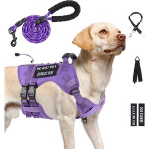 No Pull Tactical Dog Harness for Large Dogs, Escape Proof Molle Dog Vest Harness and Leash Set, Adjustable Military Service Dog Harness with Handle for Medium Large Dogs(Purple, L)
