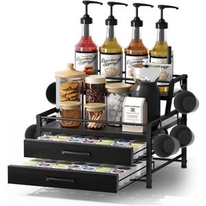 Homsorout Coffee Syrup Rack Organizer - 4-Tier 8 Syrup Wine Bottles Stand with 82 Storage Drawer for K Cups, Coffee Pod Holder for Countertop, Bar Station, Kitchen, Black
