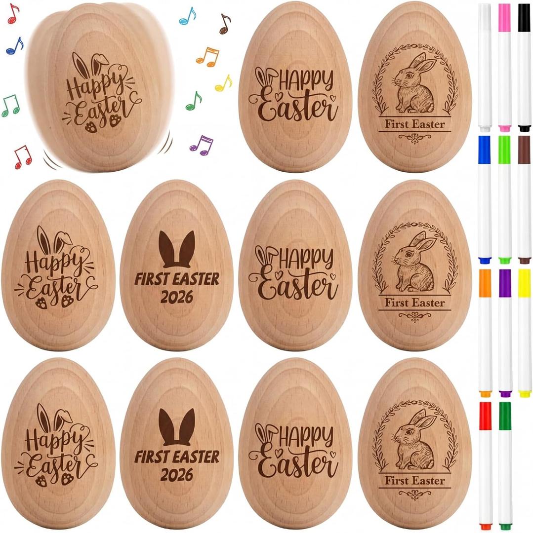 36 Pcs Easter Egg Shakers Set Include 12 Pcs 2026 DIY Wooden Egg Shakers Percussion Musical Maracas Instruments with 24 Color Markers First Easter Gifts Basket Stuffers Music
