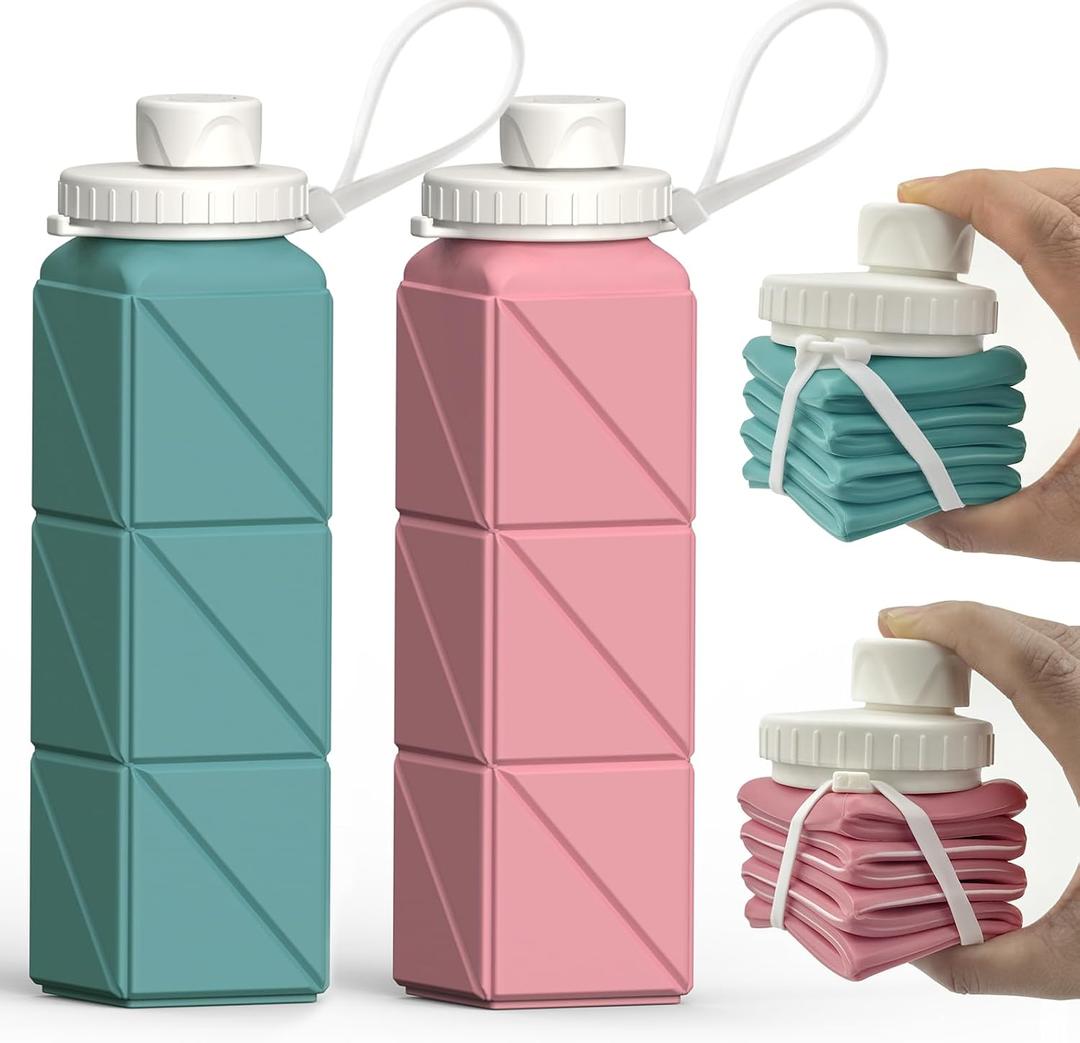 BEAUTAIL Collapsible Water Bottles 20.6oz 2 Pack, Silicone Foldable Portable Travel Water Bottle, BPA-free, Reusable Leakproof for Traveling Camping Hiking Cycling Sports Outdoor (Blue+Pink)