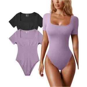 OQQ Women's 2 Piece Bodysuits Sexy Ribbed One Piece Square Neck Short Sleeve Bodysuits (Large, Black Taro Purple)
