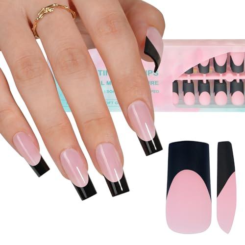 Misssix Black French Gel Nail Tips, 240Pcs French Tip Press on Nails Long Square, No Need to File 3 in 1 Tips Pre-lasting, Fake Nails for Nail Art DIY 15 Sizes