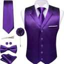 Barry.Wang Mens Formal Suit Vest Tie Bowtie Set 8PC Lapel Collar Casual Slim Fit Waistcoat Wedding Party Tuxedo (Large, Dark Purple)