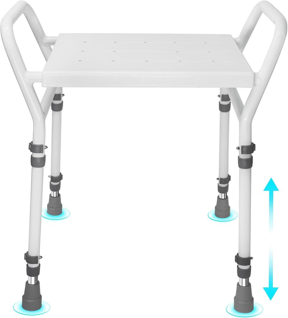 Shower Chair Seat with Arm for Inside Shower - Adjustable Up to 24 Inches Shower Stool with Suction Feet for Seniors, Elderly, Handicap & Disabled-Adjustable Support Shower Bench