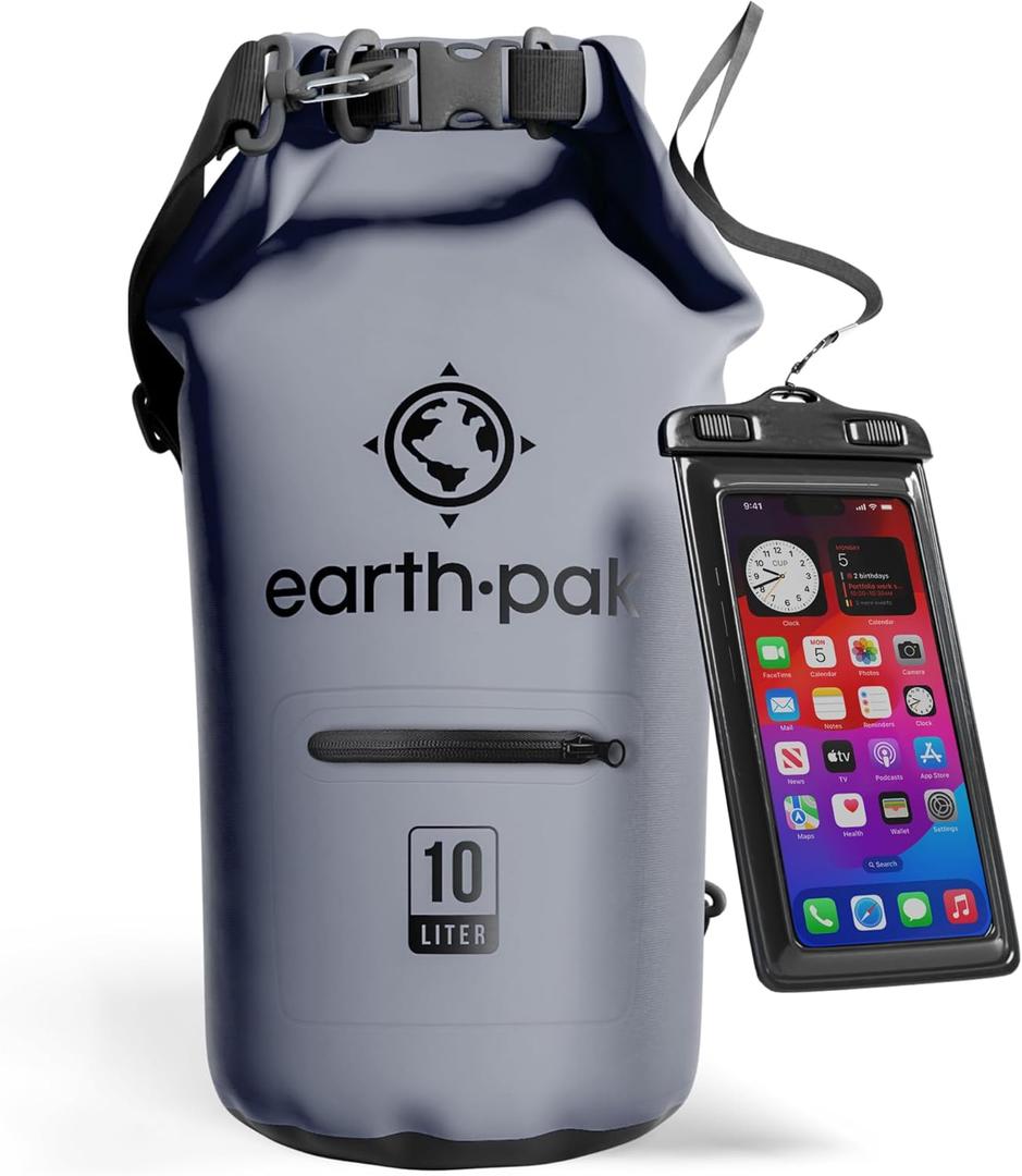 Earth Pak Waterproof Dry Bag with Zippered Pocket - Waterproof Dry Bag Backpack Keeps Gear Dry (10L, Gray)