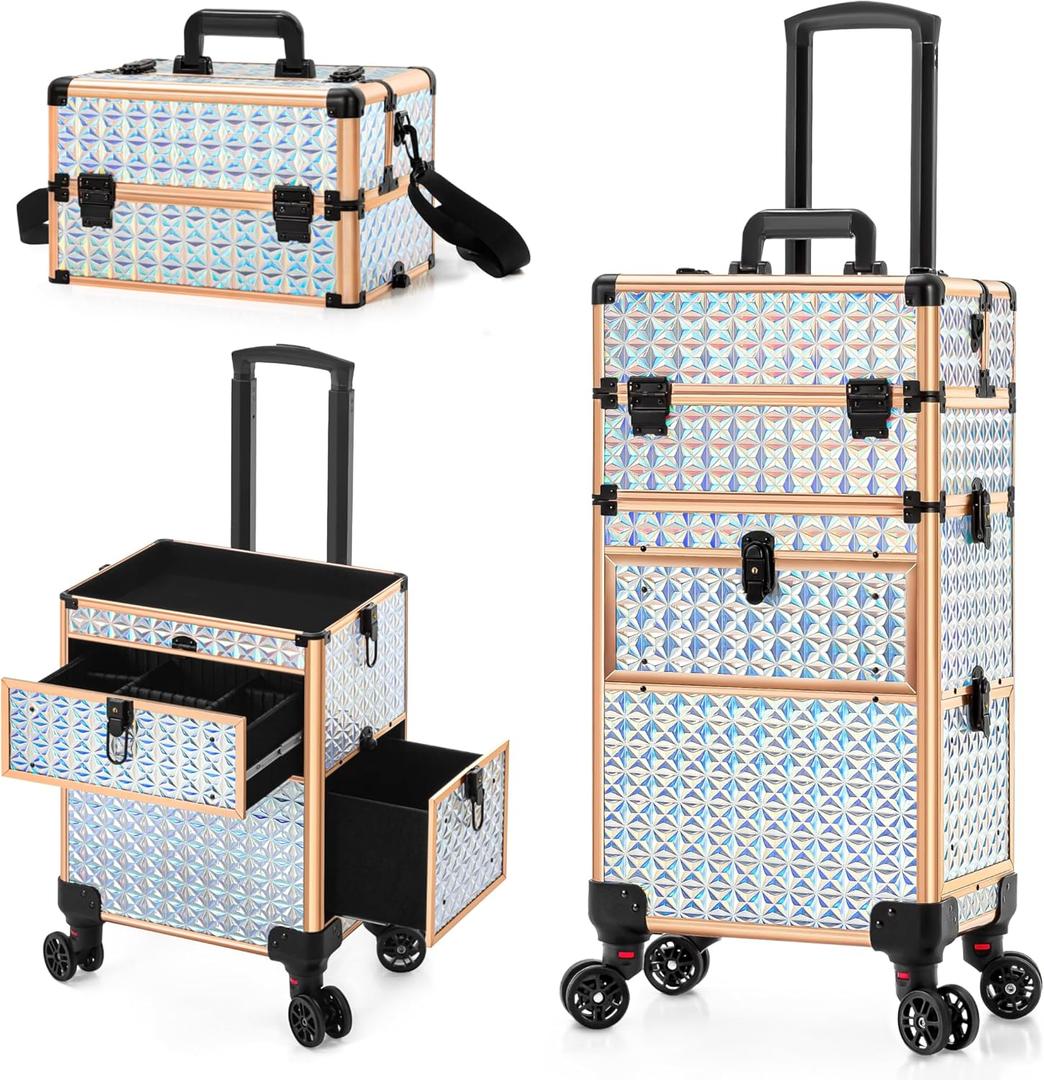 AROUS Rolling Makeup Train Case with Large Drawer, Multi-functional Cosmetic Trolley with 360 Swivel Wheels Keys, Large Storage Traveling Cart Trunk, Train Cases for Nail Technicians Hairstylist