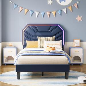LIKIMIO Twin Bed Frames with LED Light Headboard, Upholstered Modern Cama Twin Platform Bed Frame with Heavy Duty Supports, No Box Spring Need, Noise Free, Easy Assembly, Blue