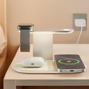 3-in-1 for Magsafe Wireless Charging: 15W Qi Magnetic Fast Charger Station Pad with Night Light for iPhone 17 16 15 14 13 12 Pro Max-for Apple Watch and AirPods Series-Desk Nightstand Bedside, Silver