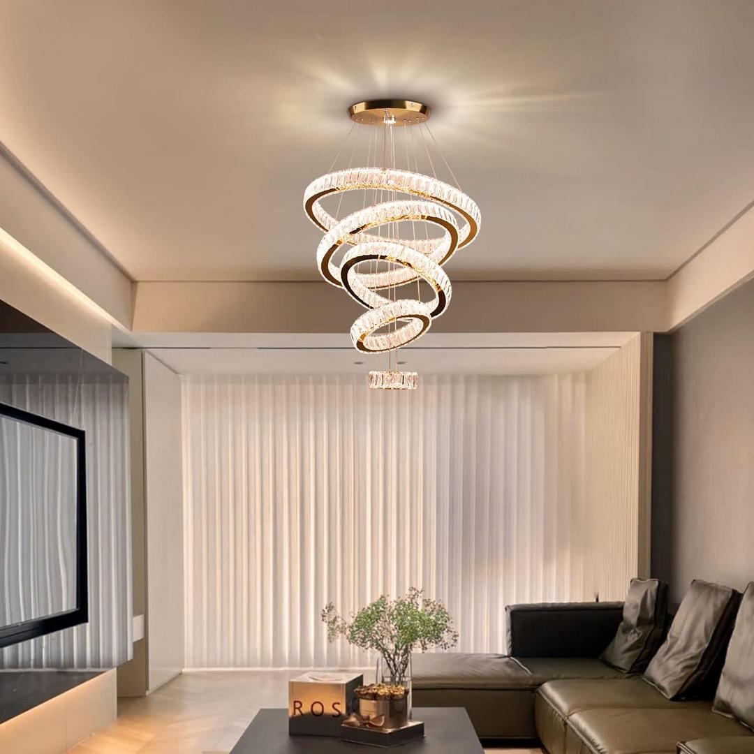 Dixun LED Big Crystal Chandeliers Modern 5 Rings Pendant Light Adjustable Ceiling Light for Bedroom Dinning Room Kitchen (Warm White) (Warm White)