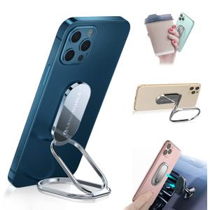 Foldable Cell Phone Stand for Desk, Adjustable Cellphone Ring Holder Finger Kickstand for Office Desktop & Magnetic Car Mount, Rotatable Multi-Angle Hand Grip for iPhone 16 15 Smartphones Back Case (Adhesive- Silver)