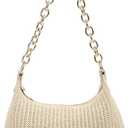 Women's Straw Woven Metal Chain Underarm Bags Small Zipper Beach Boho Shoulder Handbags Light Apricot