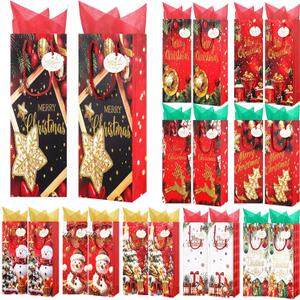 SilTriangle 50 Pack Christmas Wine Gift Bags Bulk with Tissue Papers and Tags Wine Bottle Wrap Bags with Handles for Xmas Holiday Gift Wrapping, 10 Designs, 14.2 x 4.7 x 3.5 Inches