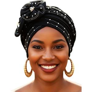 Woeoe Beanie Cap Head Wrap Black Rhinestones Head Scarf Flower Pearls Twisted Head Turban for Women Girls (One Size-Medium)
