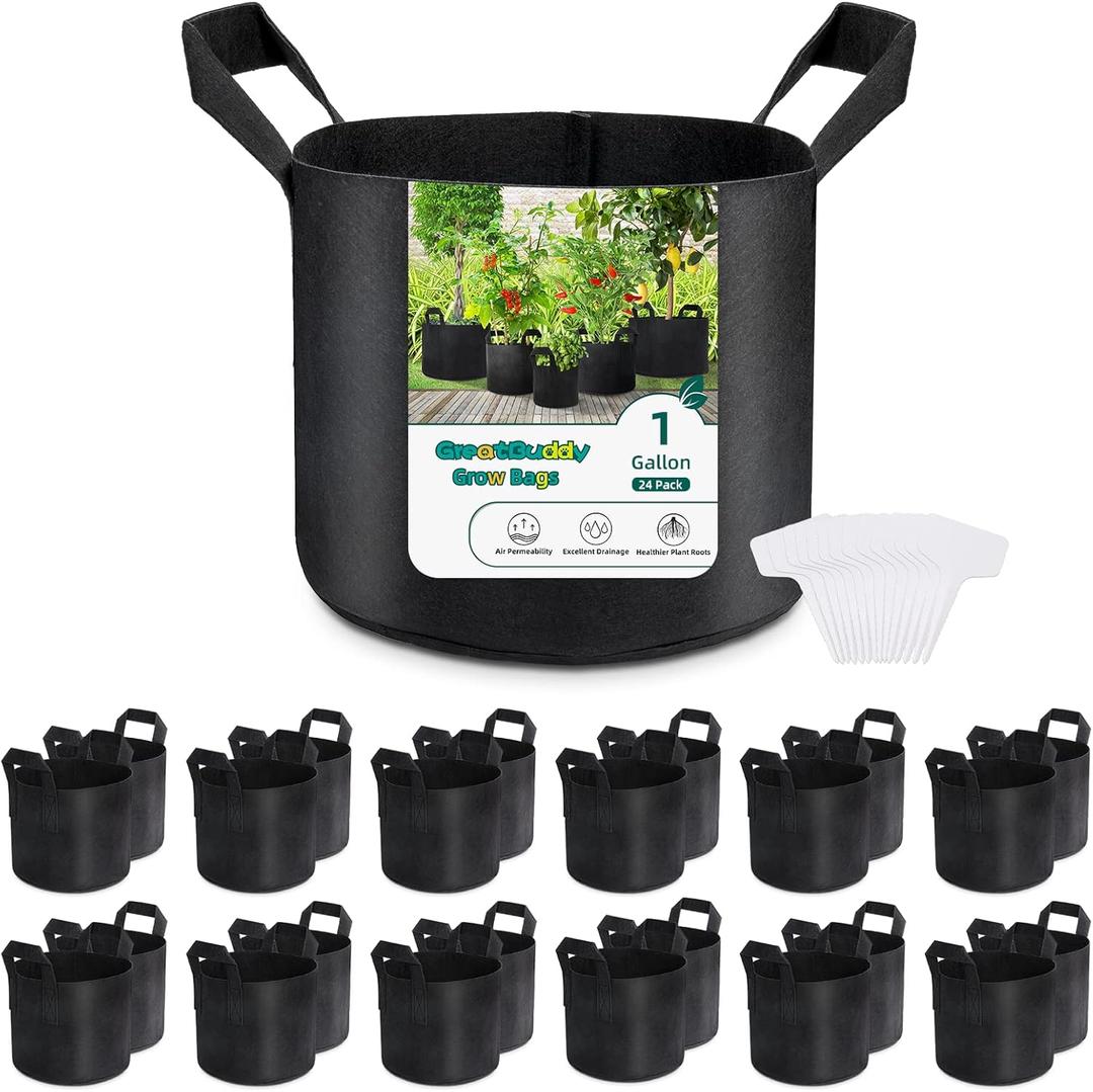 GreatBuddy 1 Gallon Grow Bags 24-Pack, Thick Fabric Pots for Plants, Sturdy Handles & Reinforced Stitching, Labels Included, Black