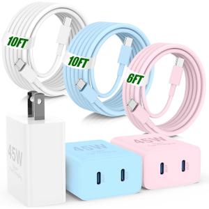 45W USB C Fast Charging for iPhone 17 Pro Max/16/15 Pro,3Pack 45W Dual Port USB C iPhone Charger Block & 6/10/10FT Long USB C Cable for iPhone 17 Pro/16 Pro Max/15 Plus/for Samsung S26 S25-Colorful