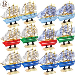 Blulu 12 Pieces Sailing Ship Model Decor 12 Style Plastic Miniature Sailing Boat Model Handmade Vintage Nautical Sail Ship for Tabletop Ornament, Ocean Theme and Home Decor