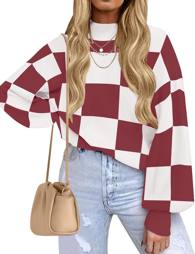 ZESICA Women's 2026 Spring Fashion Turtleneck Long Sleeve Striped Ribbed Knit Loose Pullover Sweater Tops, Large