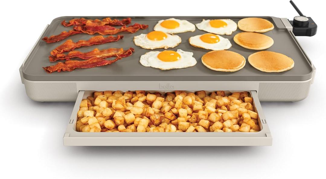 bella 12" x 22" Electric Griddle with Warming Tray, EverGood Ceramic Nonstick Coating & Removable Temperature Probe, Dishwasher-Safe Drip Tray & Cool Touch Handles, 1500 Watt, Oatmilk