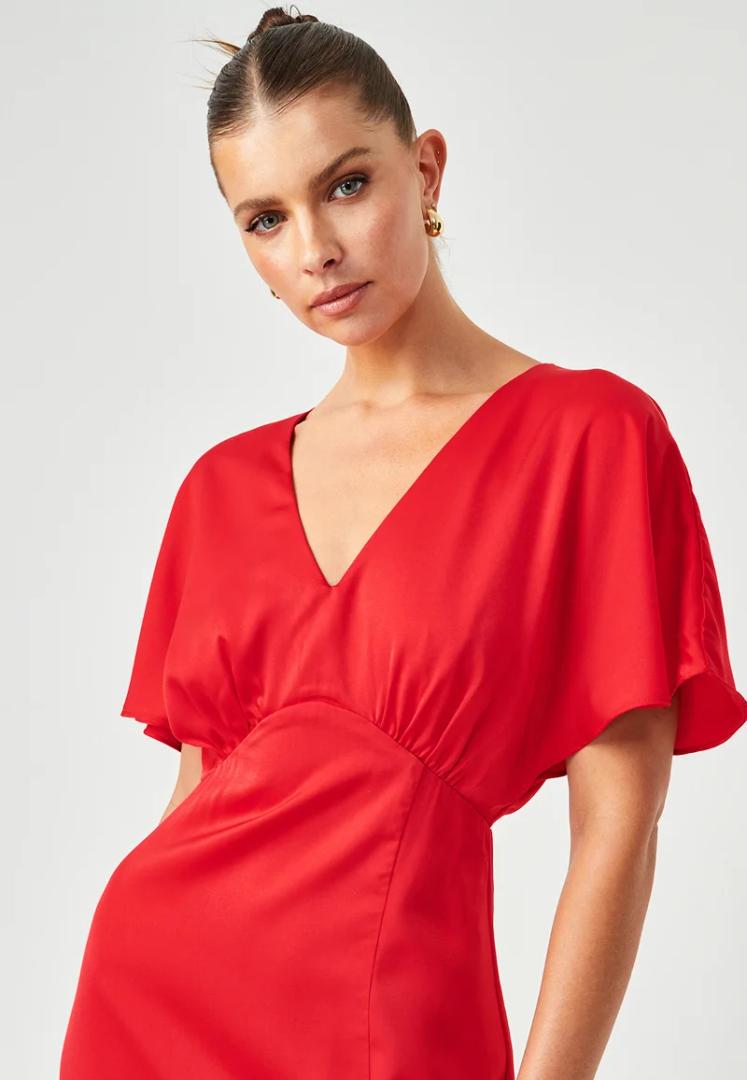 Satin Short Sleeve Red Dress Double V Neck Empire Waist Floor Length Formal Party Dress L