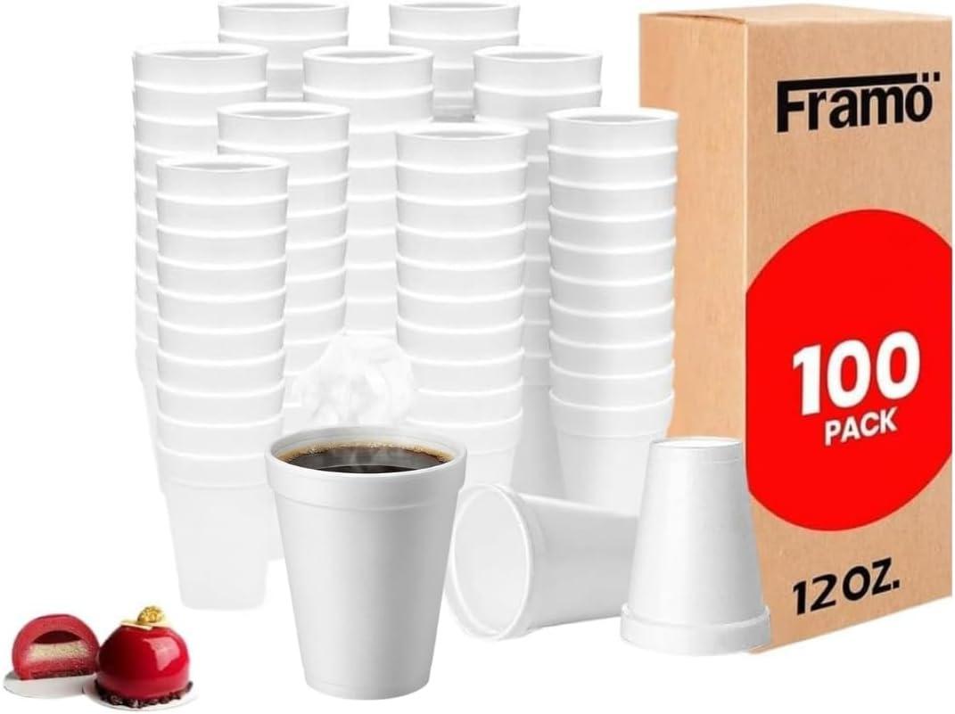 12 Oz Styrofoam Cups by Framo -(100 Pack)- Lightweight Insulated Foam Cups for Coffee, Cold Drinks & Other Hot Beverages - Disposable Drinking Cups for Parties, Picnic, BBQ, Travel, & Events