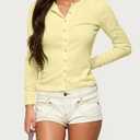Women Open Button Down Picot Crew Neck Long Sleeve Cropped T Shirts Slim Fit Pointelle Crop Tops Fall Tees Outfits Yellow (Yellow, M)