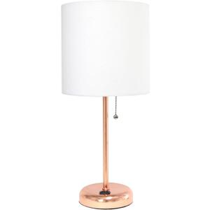 Oslo 19.5" Contemporary Bedside Power Outlet Base Standard Metal Table Desk Lamp in Rose Gold with White Drum Fabric Shade
