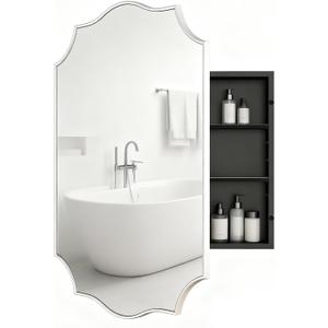 Sliver Scalloped Edge Vintage Medicine Cabinet Mirror, Decorative Bathroom Storage Cabinet with 2 Adjustable Shelves, Recessed or Surface Mount (Brushed Sliver, 20x26)