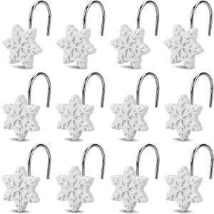 TJE Shower Curtain Hooks 12 Pcs, Resin Snowflake Rings, Rust-Resistant Bathroom Decor for Shower, Restroom, Bedroom & Living Room, White
