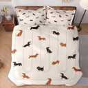 Comforter Set with Pillowcase Twin Size, Cute Happy Dachshund Dog Puppy, Bedding Decor Cartoon Animal Pug Geometric Brown for Kids and Adults, Soft Cozy Bedroom Bed Set