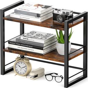 Office Desk Shelf Organizer, Wood Desktop Bookshelf Supplies Storage Rack, Shelf for Top of Desk and Dresser (Brown-2 Tier)