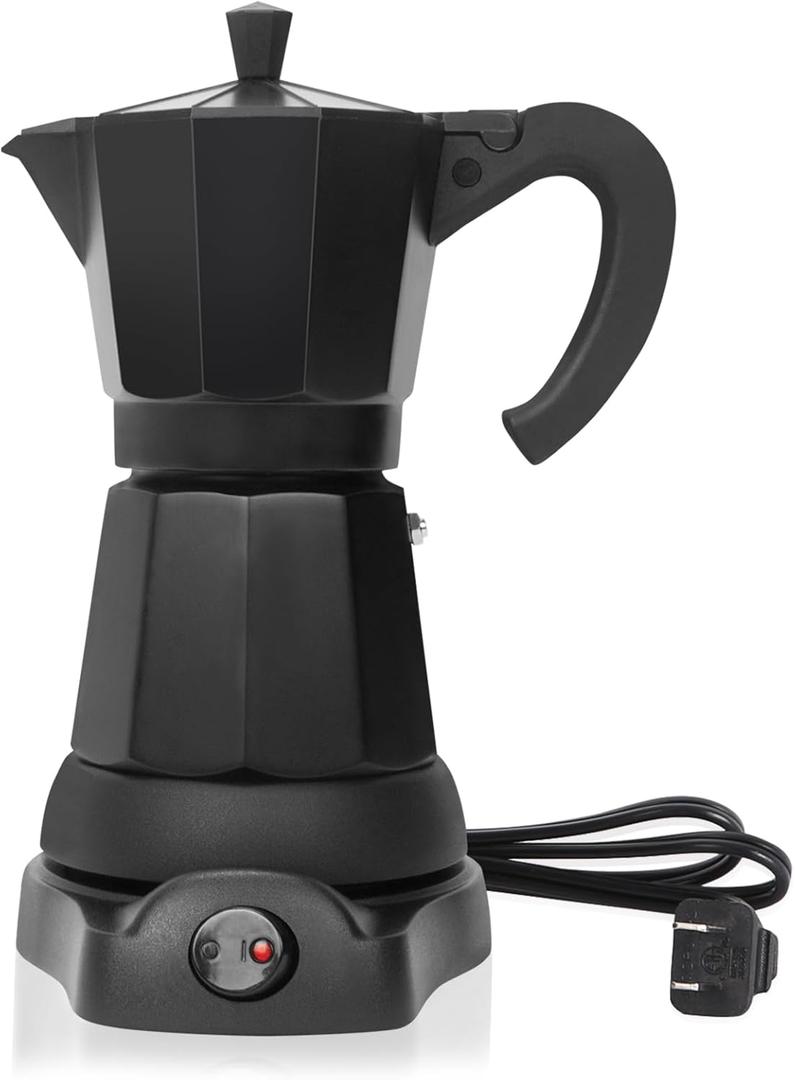 Cafetera Espresso Maker, 6 Cup Portable Coffee Machine, 300ml Portable Cafeteras Electricas Modernas, Electric Moka Pot with Detachable Base & Overheat Protection, Coffee Gift for Home Travel (All black)