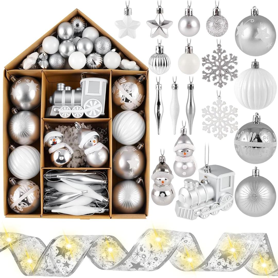 DomeStar 70PCS Christmas Ball Ornaments Set, Silver and White Shatterproof Xmas Tree Ball Ornaments Bulk for Xmas Holiday Party Decor
