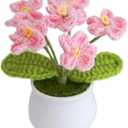 3 x Artificial Crochet Flowers, Handmade Knit Floral Arrangements for Home Decor, Wedding Bouquet Centerpiece Gift for Mothers Day, Birthday, Anniversary, Kitchen, Office Desk (Pink-A)