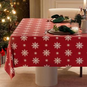 Christmas Red Tablecloth, Rectangle Table Cloh with Snowflake Decorations, Spillproof Cotton Linen Fabric Table Cover for Holiday, Winter, Party - 60''x84''