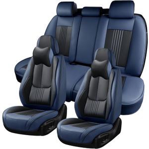 Car Seat Covers Full Set, Front and Rear Seat Covers for Cars, Waterproof Leather Auto Seat Protectors with Head Pillow, Car Seat Cushions Fit for Most Sedans SUV Pick-up Truck, Black&Navy