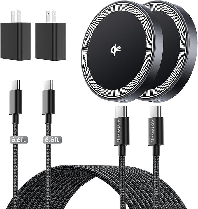 THREEKEY 2 Pack 15W Qi2 Certified Magnetic Wireless Charger 6.6ft Cable, Fast Charging Pad for iPhone 17-12&Airpods Series(20W Adapter Included)