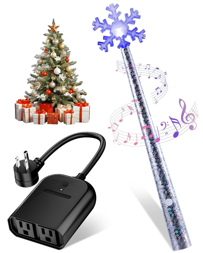 Magic Wand for Christmas Tree Light, Wireless Christmas Tree Wand Remote Control for Christmas String Lights and Decorations Lights Turn On and Off, Surprised for Kids Family Christmas Gift, 2 Sockets