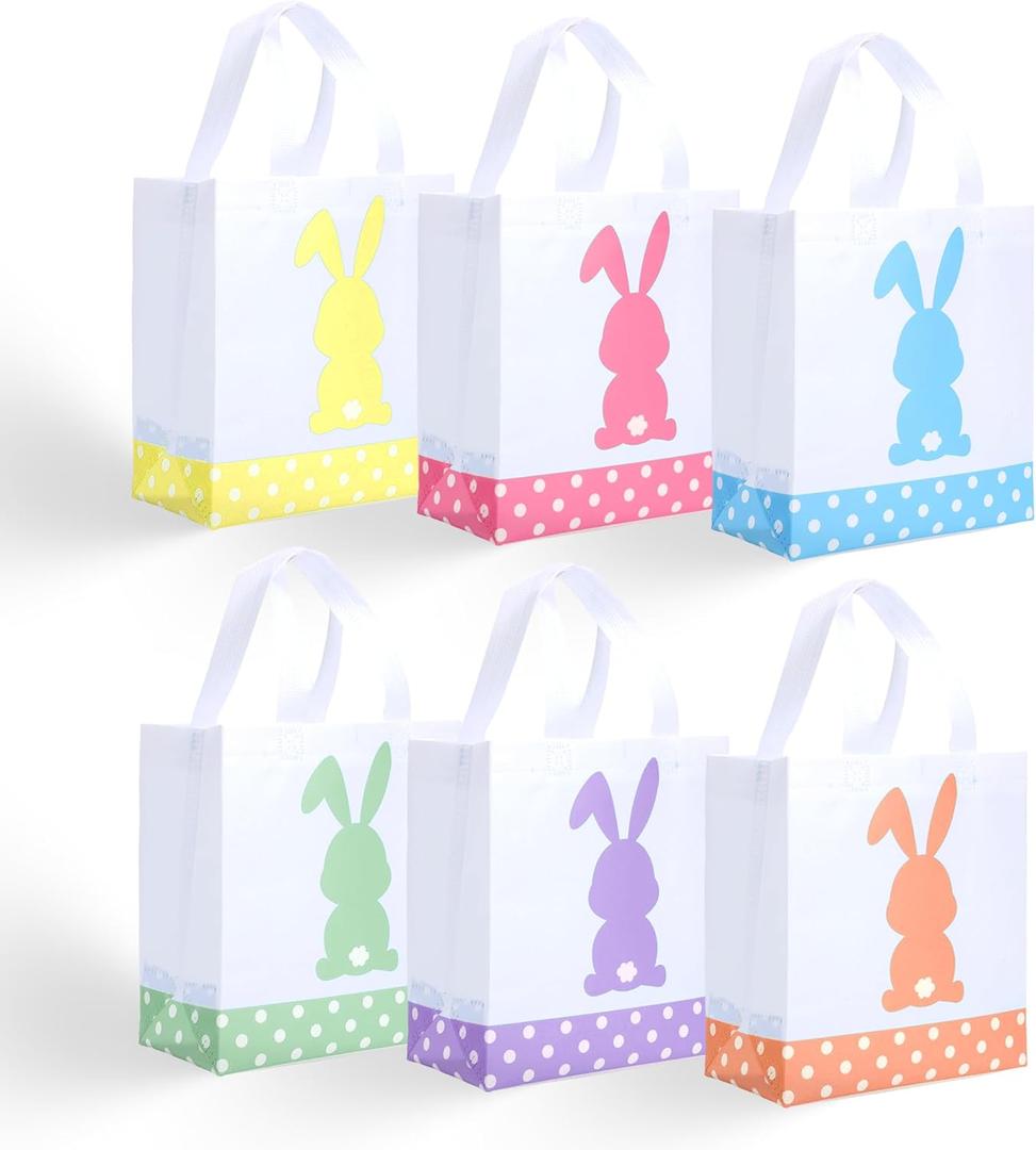 PINWATT 12 Pcs Reusable Easter Non-Woven Gift Bags with Handles, Colorful Bunny Tote Treat Bags for Easter Egg Hunt, Party Favors (9x8.6x4.3 Inches)