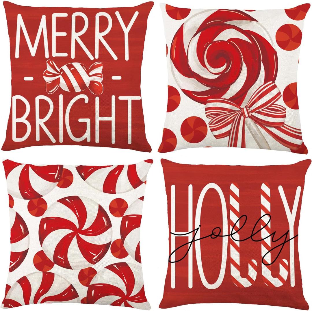 Heirloom Haven 4pcs Christmas Pillow Covers Decoration,18x18in Red Candy Pillow Case Merry Bright Holly Throw Pillow Covers Cushion Cases for Winter Holiday Seasonal Farmhouse Couch Sofa Home Decor