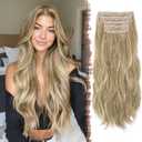 FESHFEN Clip in Hair Extensions for Women - 4 Pcs Thick Double Weft Long Wavy Soft Synthetic Blends Well Hair Extension, 24 inch Caramel Brown & Beige Blonde