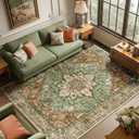 RELEANY Area Rugs 10'x14' Washable Non-Slip, Floral Vintage Distress Print Pattern Medallion Carpet for Living Room Bedroom Dining Room, Brick Red Rust Neutral Brown Burnt Orange Green