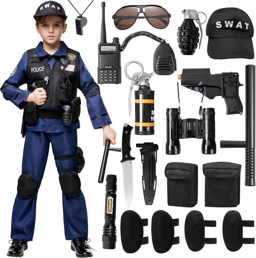 Spooktacular Creations 20PCS Police SWAT Costume for Kids, S.W.A.T. Police Officer Costume for Boys Halloween Cosplay Party (Black, Large)