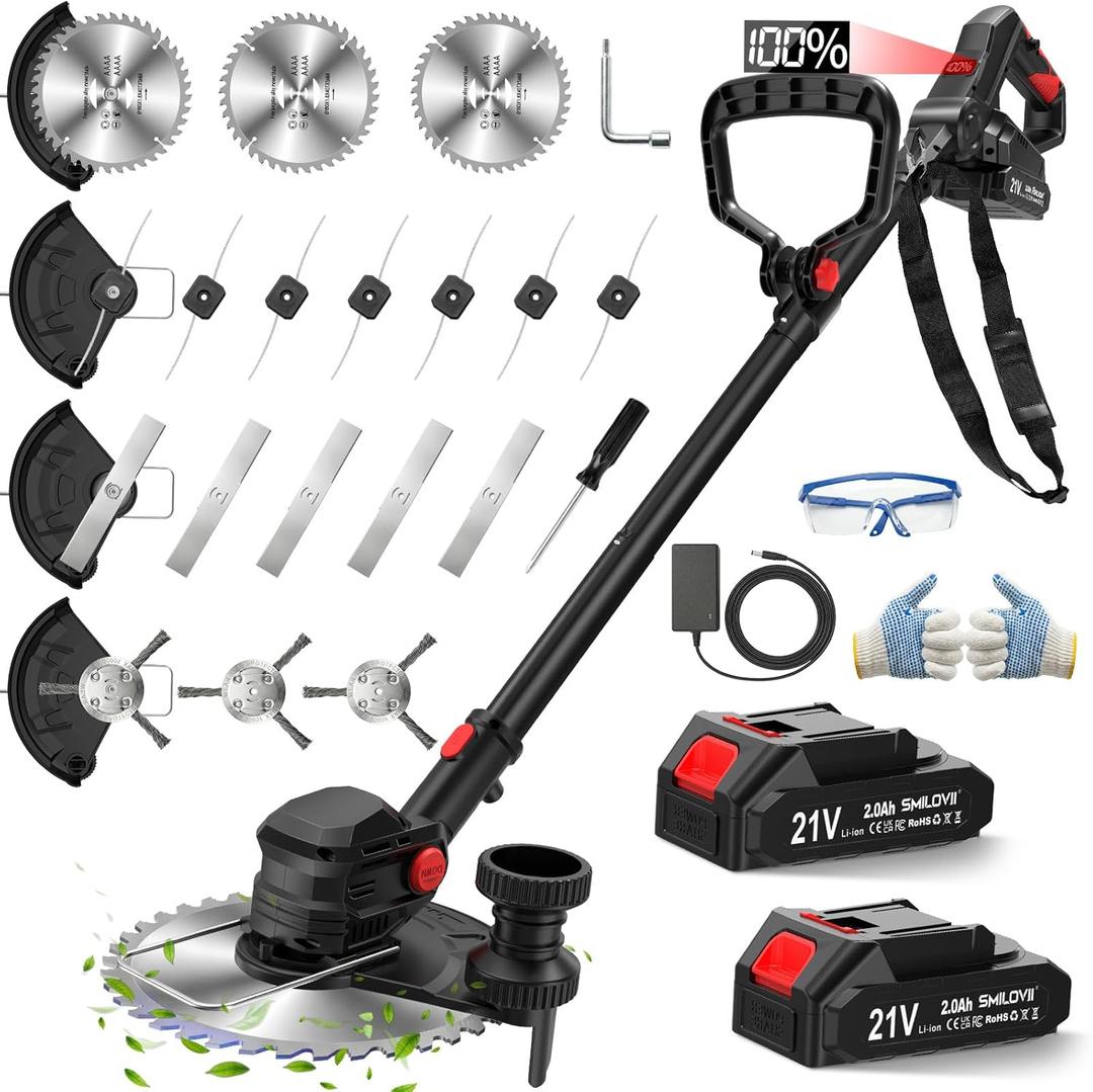 SMILOVII 21V Cordless Weed Wacker Lawn Edger, 4.6lbs Lightweight Battery Powered String Trimmer, 4-in-1 Brush Cutter with Metal Blades, Wire Brush & Guide Wheel for Garden Edging (2 Batteries, 2.0Ah)