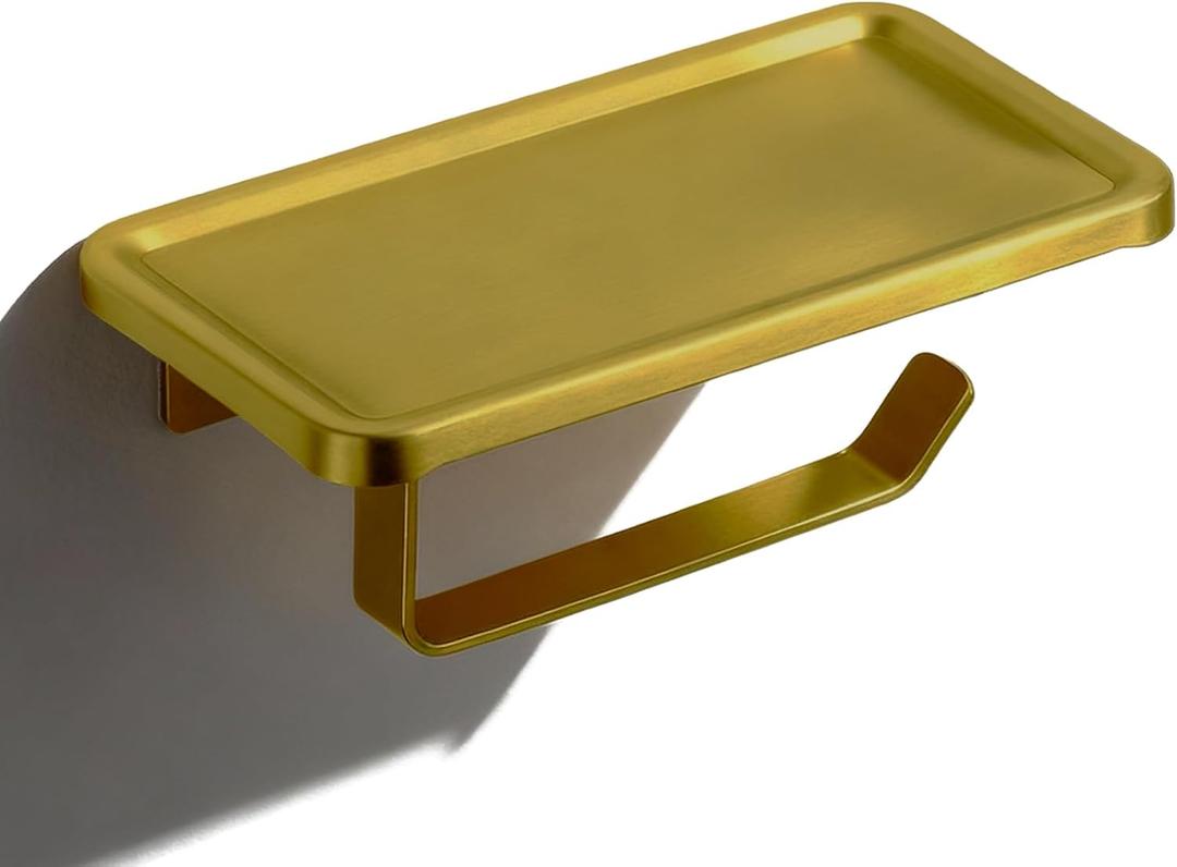 Brushed Gold Toilet Paper Holder with Shelf, Premium Lightweight Aluminum Alloy, Self Adhesive Toilet Tissue Roll Holder Wall Mount for Bathroom, Washroom, Kitchen, RV with Phone Storage