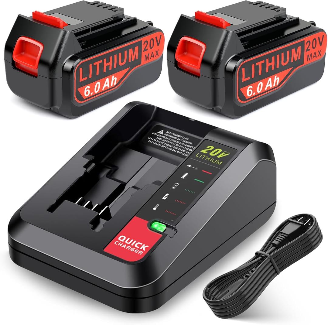 ARyee LB2X4020 6.0Ah 20V Battery for Black and Decker 20V Max LBXR20 LB20 LBX20 LBXR2020 LBX4020 LBX4020 Cordless Tools Battery with 20V Battery Charger PCC685L
