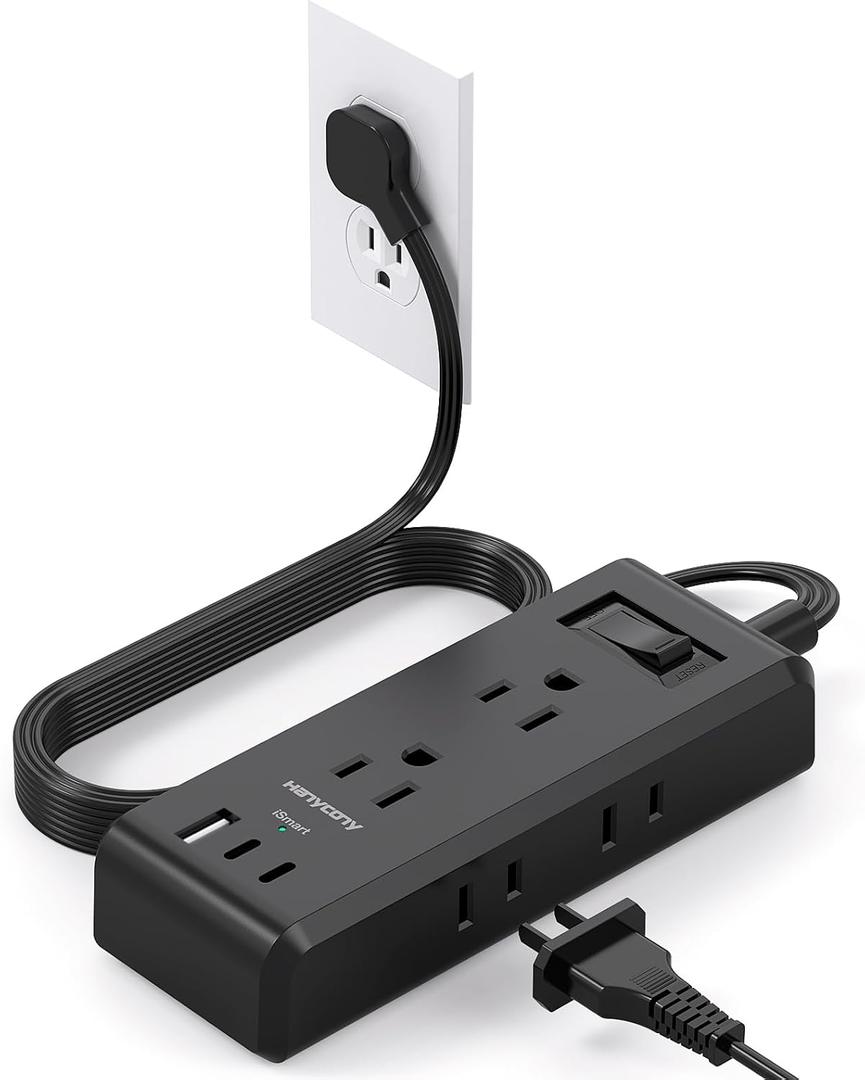 Cruise Essentials, Flat Plug Power Strip, HANYCONY 5ft Ultra Flat Extension Cord - 6 Outlets 3 USB Ports (2 USB C) Desktop Charging Station, No Surge Protection for Travel, Dorm Room Essentials, Black