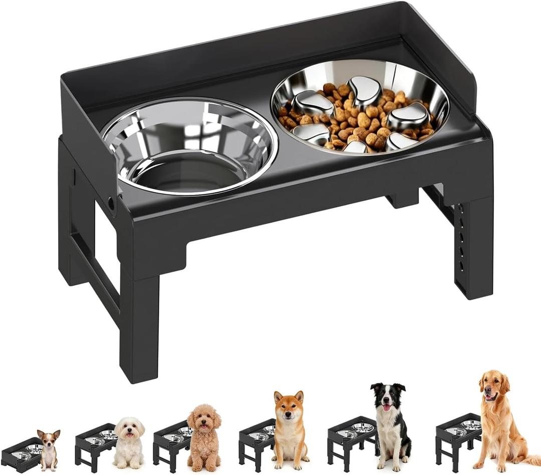 PAKEWAY Elevated Dog Bowls, Spill Proof, Tiltable Pet Feeder with 1 Stainless Steel Bowl &1 Stainless Steel Slow Feeder Bowl, 6 Height Adjustable Raised Bowls Stand for Medium Large Dogs (Black)