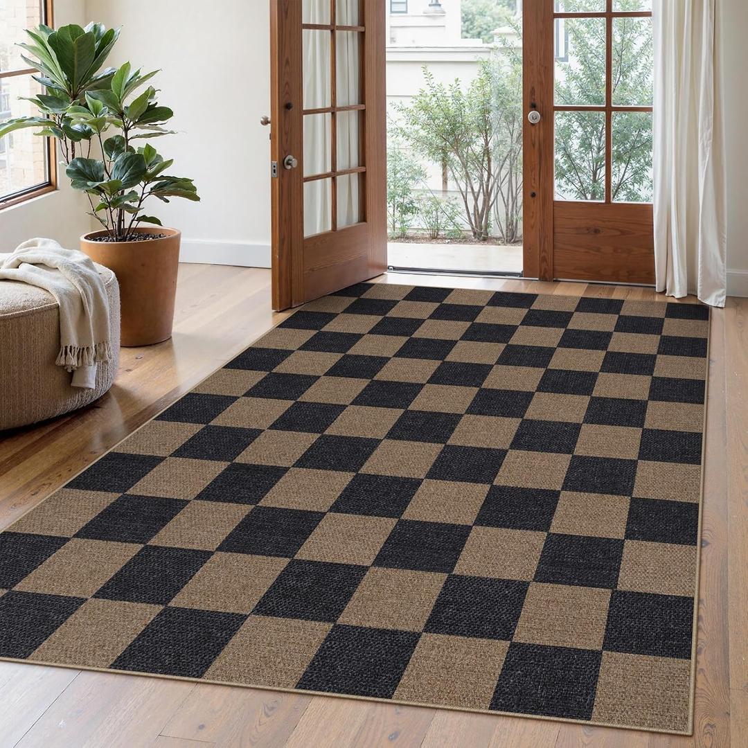 Lahome Checkered Easy Jute Living Room Rugs, 5x7 Black Dining Room Office Rug Farmhouse Washable Carpet, Checkerboard Neutral Non Slip Indoor Outdoor Carpet for Bedroom Entry Patio (Chocolate Brown/Checkerboard -1)