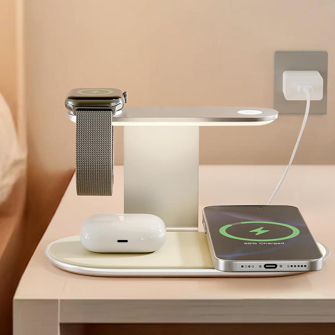 3-in-1 for Magsafe Wireless Charging: 15W Qi Magnetic Fast Charger Station Pad with Night Light for iPhone 17 16 15 14 13 12 Pro Max-for Apple Watch and AirPods Series-Desk Nightstand Bedside, Silver